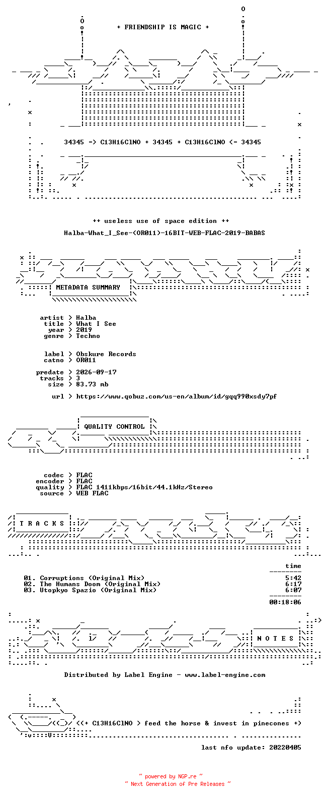 NFO for the release Halba-What_I_See-(OR011)-16BIT-WEB-FLAC-2019-BABAS by BABAS