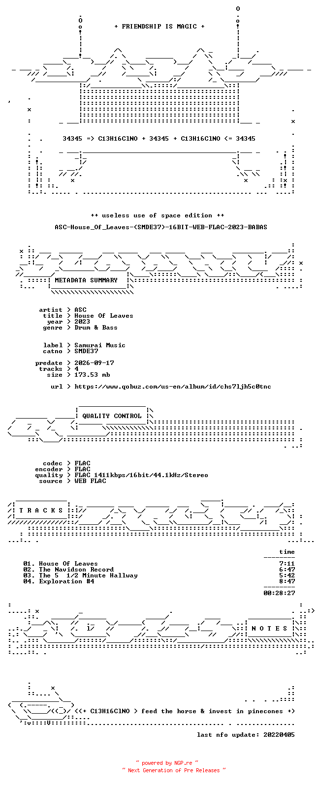 NFO for the release ASC-House_Of_Leaves-(SMDE37)-16BIT-WEB-FLAC-2023-BABAS by BABAS