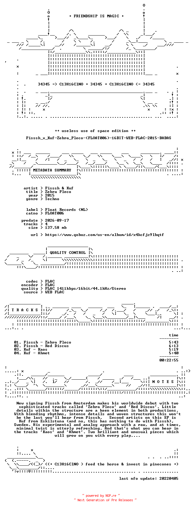 NFO for the release Fisssh_x_Kuf-Zebra_Pleco-(FLOAT006)-16BIT-WEB-FLAC-2015-BABAS by BABAS
