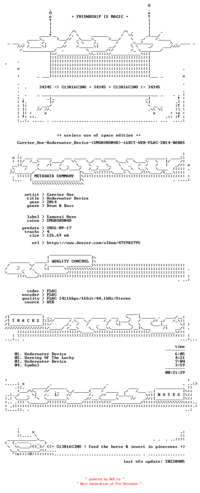 NFO for the release Carrier_One-Underwater_Device-(SMGHORO04D)-16BIT-WEB-FLAC-2014-BABAS by BABAS
