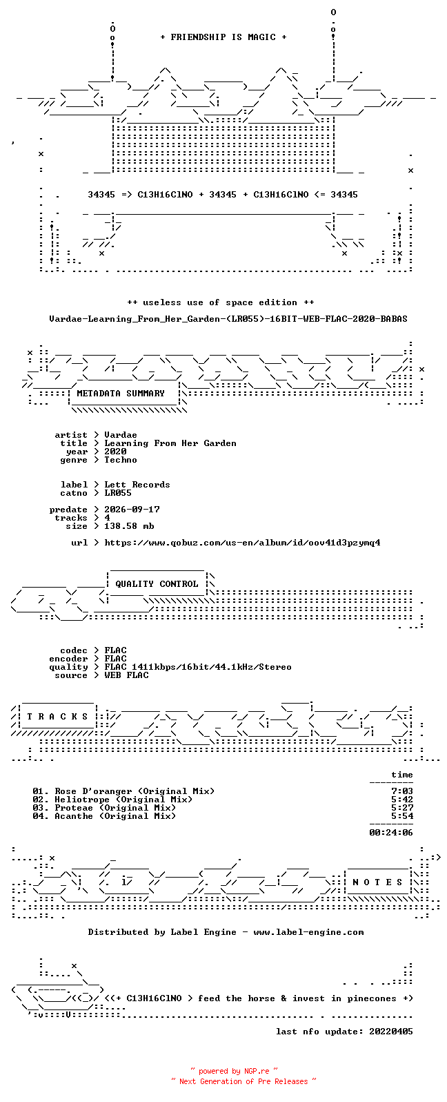 NFO for the release Vardae-Learning_From_Her_Garden-(LR055)-16BIT-WEB-FLAC-2020-BABAS by BABAS