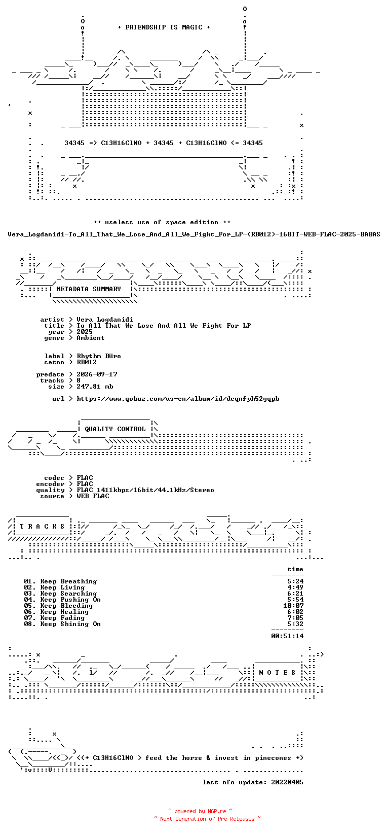 NFO for the release Vera_Logdanidi-To_All_That_We_Lose_And_All_We_Fight_For_LP-(RB012)-16BIT-WEB-FLAC-2025-BABAS by BABAS