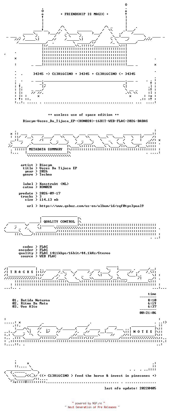 NFO for the release Biocym-Vozes_Da_Tijuca_EP-(KON028)-16BIT-WEB-FLAC-2026-BABAS by BABAS