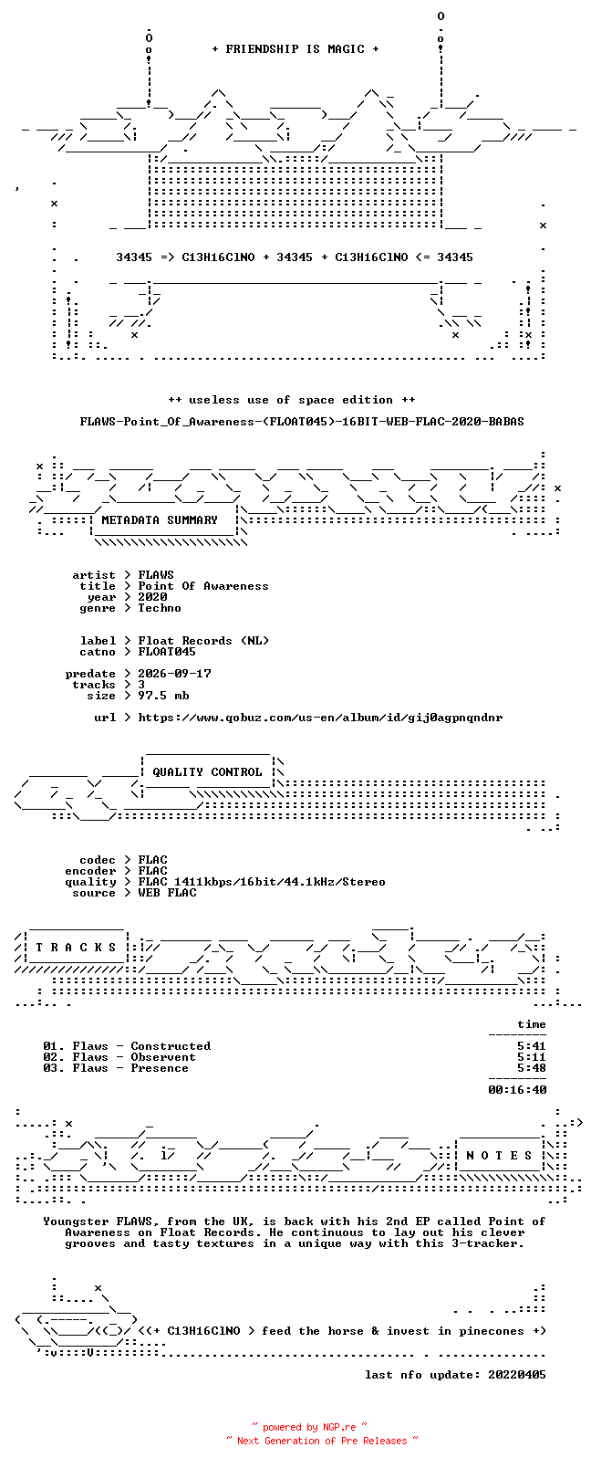 NFO for the release FLAWS-Point_Of_Awareness-(FLOAT045)-16BIT-WEB-FLAC-2020-BABAS by BABAS