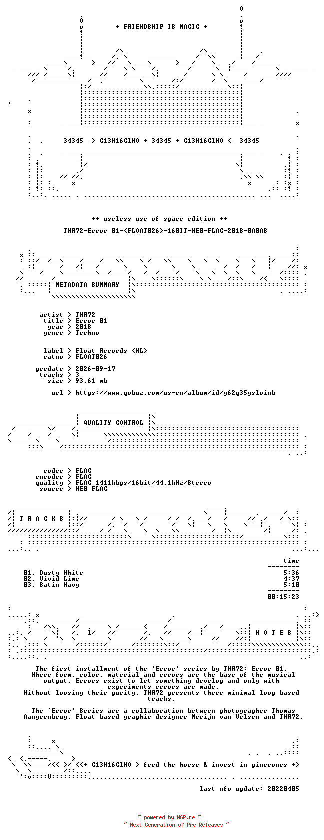 NFO for the release TWR72-Error_01-(FLOAT026)-16BIT-WEB-FLAC-2018-BABAS by BABAS