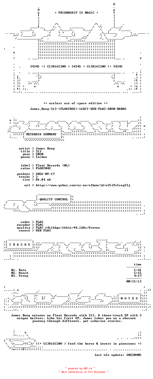 NFO for the release James_Bong-313-(FLOAT042)-16BIT-WEB-FLAC-2020-BABAS by BABAS