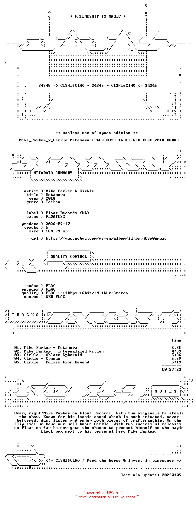 NFO for the release Mike_Parker_x_Cirkle-Metamora-(FLOAT032)-16BIT-WEB-FLAC-2018-BABAS by BABAS