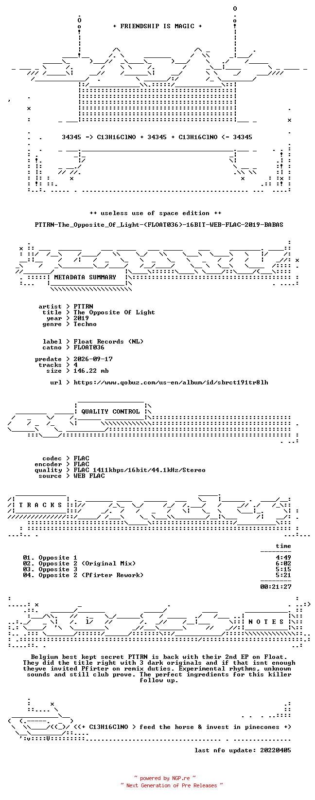 NFO for the release PTTRN-The_Opposite_Of_Light-(FLOAT036)-16BIT-WEB-FLAC-2019-BABAS by BABAS