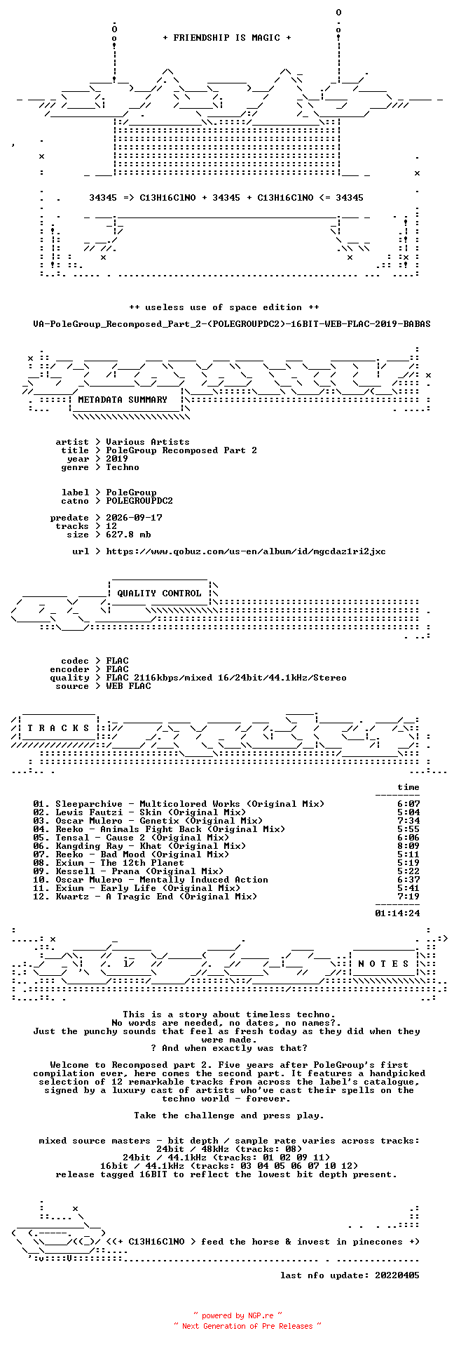 NFO for the release VA-PoleGroup_Recomposed_Part_2-(POLEGROUPDC2)-16BIT-WEB-FLAC-2019-BABAS by BABAS