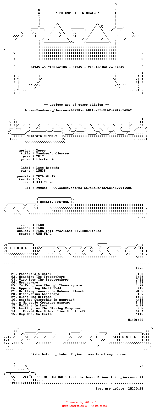 NFO for the release Doseo-Pandoras_Cluster-(LR038)-16BIT-WEB-FLAC-2019-BABAS by BABAS