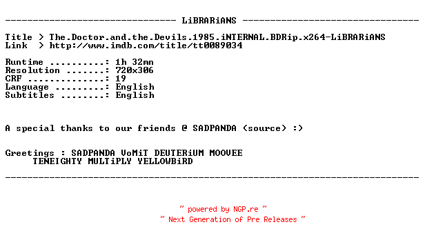 NFO for the release The.Doctor.and.the.Devils.1985.iNTERNAL.BDRip.x264-LiBRARiANS by LiBRARiANS