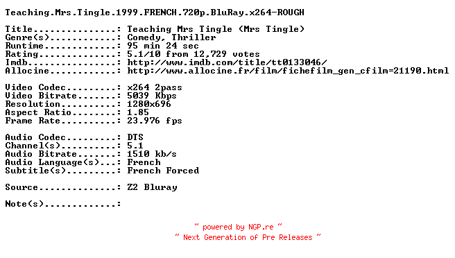 NFO for the release Teaching.Mrs.Tingle.1999.FRENCH.720p.BluRay.x264-ROUGH by ROUGH