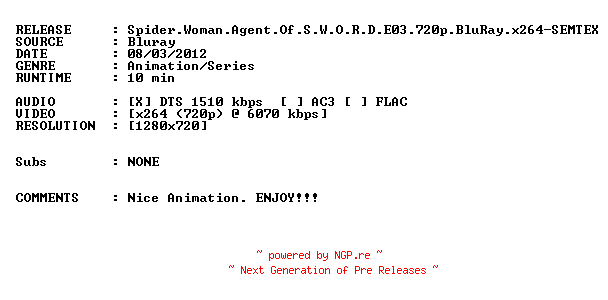 NFO for the release Spider.Woman.Agent.Of.S.W.O.R.D.E03.720p.BluRay.x264-SEMTEX by SEMTEX
