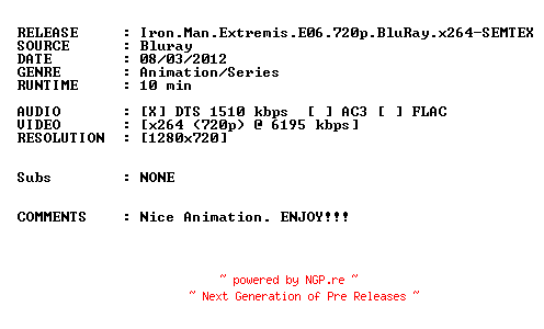 NFO for the release Iron.Man.Extremis.E06.720p.BluRay.x264-SEMTEX by SEMTEX