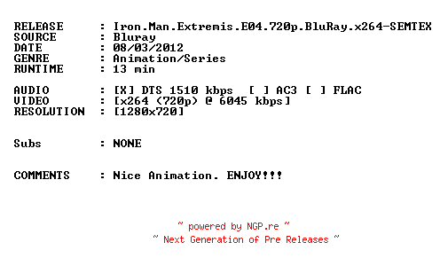 NFO for the release Iron.Man.Extremis.E04.720p.BluRay.x264-SEMTEX by SEMTEX
