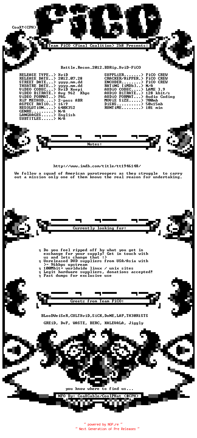 NFO for the release Battle.Recon.2012.BDRip.XviD-FiCO by FiCO