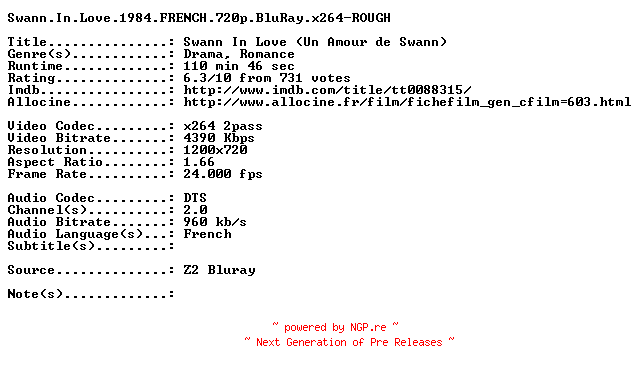 NFO for the release Swann.In.Love.1984.FRENCH.720p.BluRay.x264-ROUGH by ROUGH