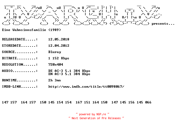 NFO for the release Eine.Wahnsinnsfamilie.1989.German.DL.BDRip.x264.iNTERNAL-TVARCHiV by TVARCHiV