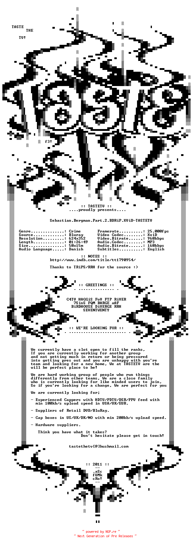 NFO for the release Sebastian.Bergman.Part.2.BDRiP.XViD-TASTETV by TASTETV