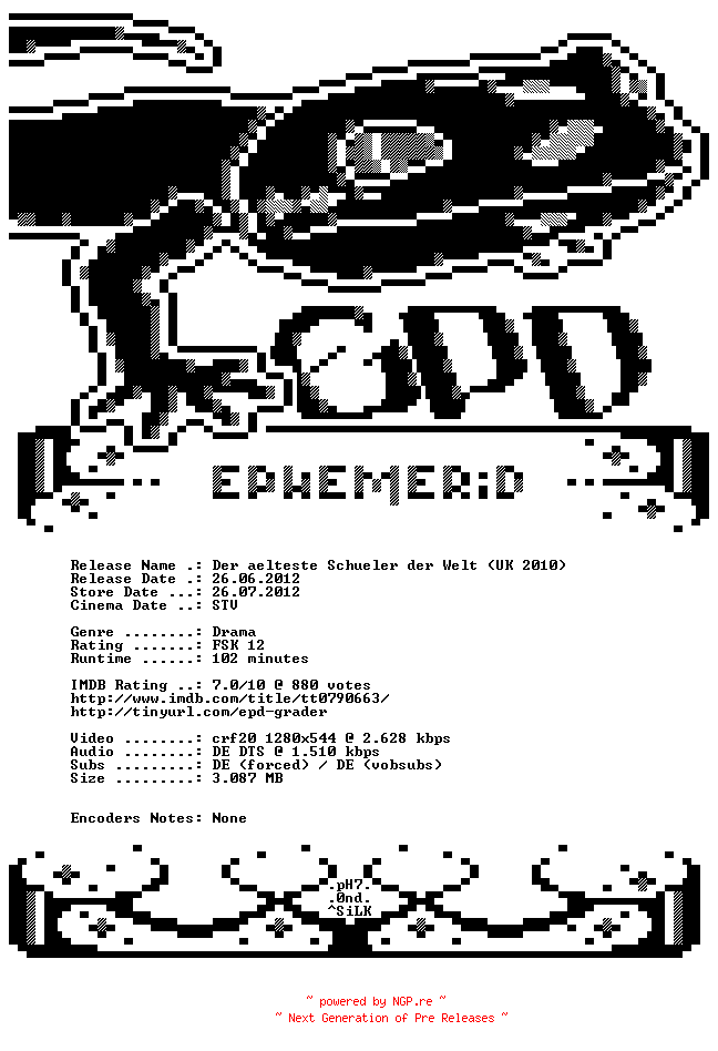 NFO for the release Der.aelteste.Schueler.der.Welt.2010.German.720p.BluRay.x264-EPHEMERiD by EPHEMERiD