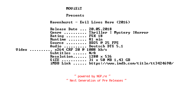 NFO for the release Havenhurst.2016.German.720p.BluRay.x264-MOViEiT by MOViEiT