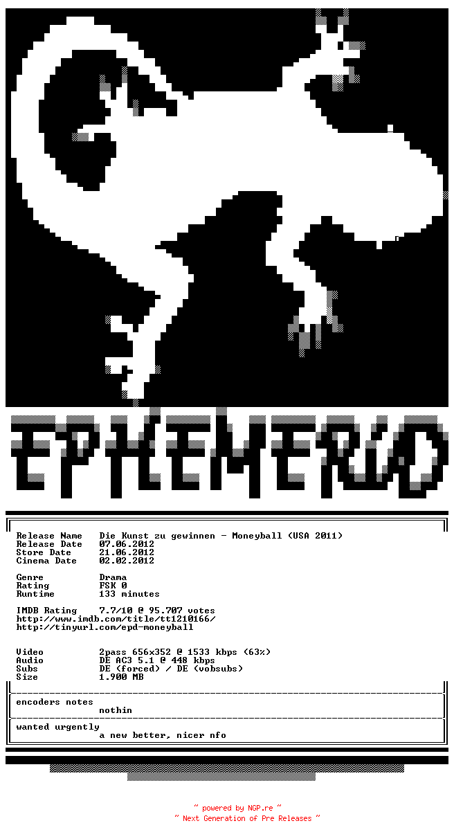 NFO for the release Die.Kunst.zu.gewinnen.Moneyball.German.AC3.BDRip.XviD-EPHEMERiD by EPHEMERiD