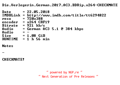 NFO for the release Die.Verlegerin.German.2017.AC3.BDRip.x264-CHECKMATE by CHECKMATE