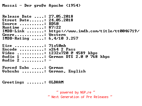 NFO for the release Massai.Der.grosse.Apache.1954.German.720p.BluRay.x264-SPiCY by SPiCY