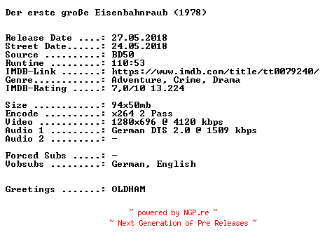 NFO for the release Der.erste.grosse.Eisenbahnraub.1978.German.720p.BluRay.x264-SPiCY by SPiCY