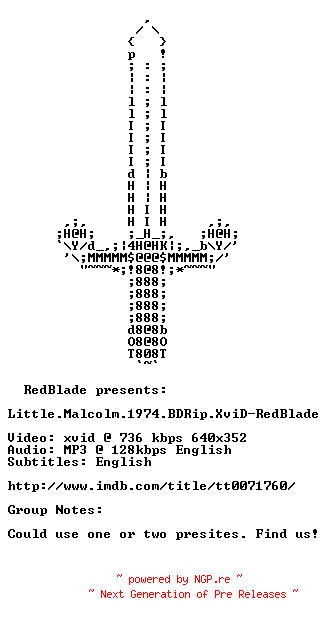 NFO for the release Little.Malcolm.1974.BDRip.XviD-RedBlade by RedBlade