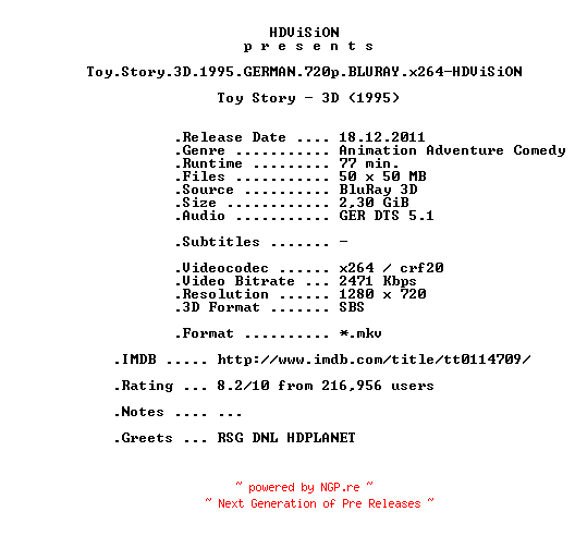 NFO for the release Toy.Story.3D.1995.GERMAN.720p.BLURAY.x264-HDViSiON by HDViSiON