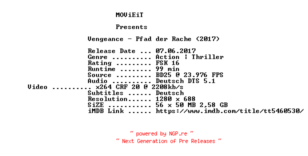 NFO for the release Vengeance.Pfad.der.Vergeltung.2017.German.720p.BluRay.x264-MOViEiT by MOViEiT