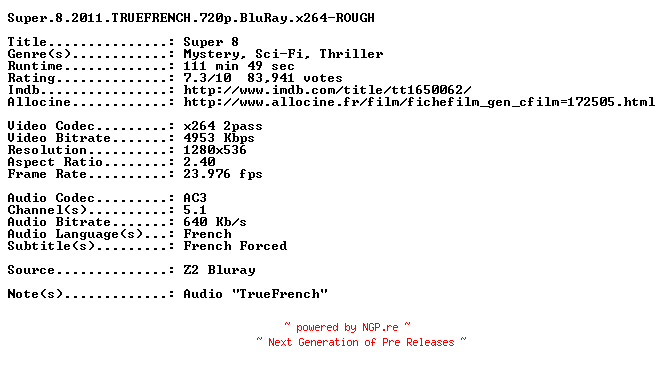 NFO for the release Super.8.2011.TRUEFRENCH.720p.BluRay.x264-ROUGH by ROUGH