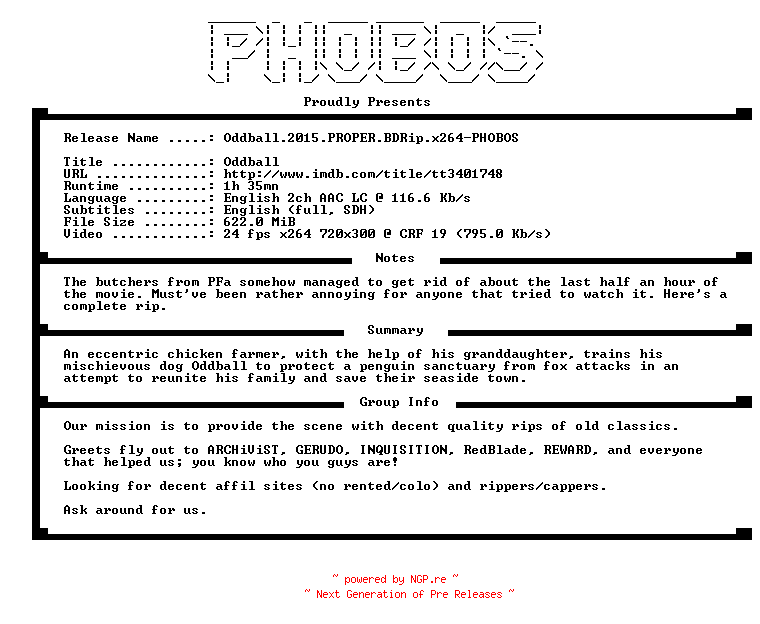 NFO for the release Oddball.2015.PROPER.BDRip.x264-PHOBOS by PHOBOS