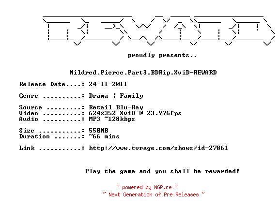 NFO for the release Mildred.Pierce.Part3.BDRip.XviD-REWARD by REWARD
