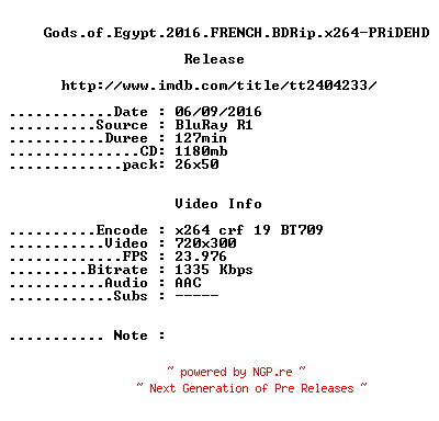 NFO for the release Gods.of.Egypt.2016.FRENCH.BDRip.x264-PRiDEHD by PRiDEHD