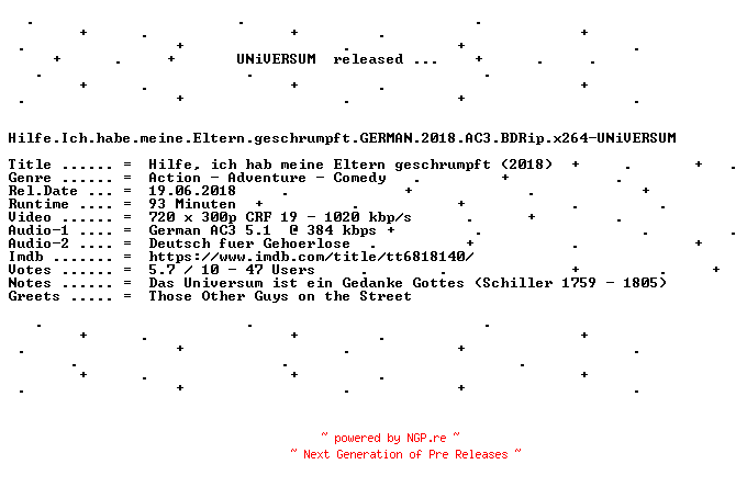 NFO for the release Hilfe.Ich.habe.meine.Eltern.geschrumpft.GERMAN.2018.AC3.BDRip.x264-UNiVERSUM by UNiVERSUM