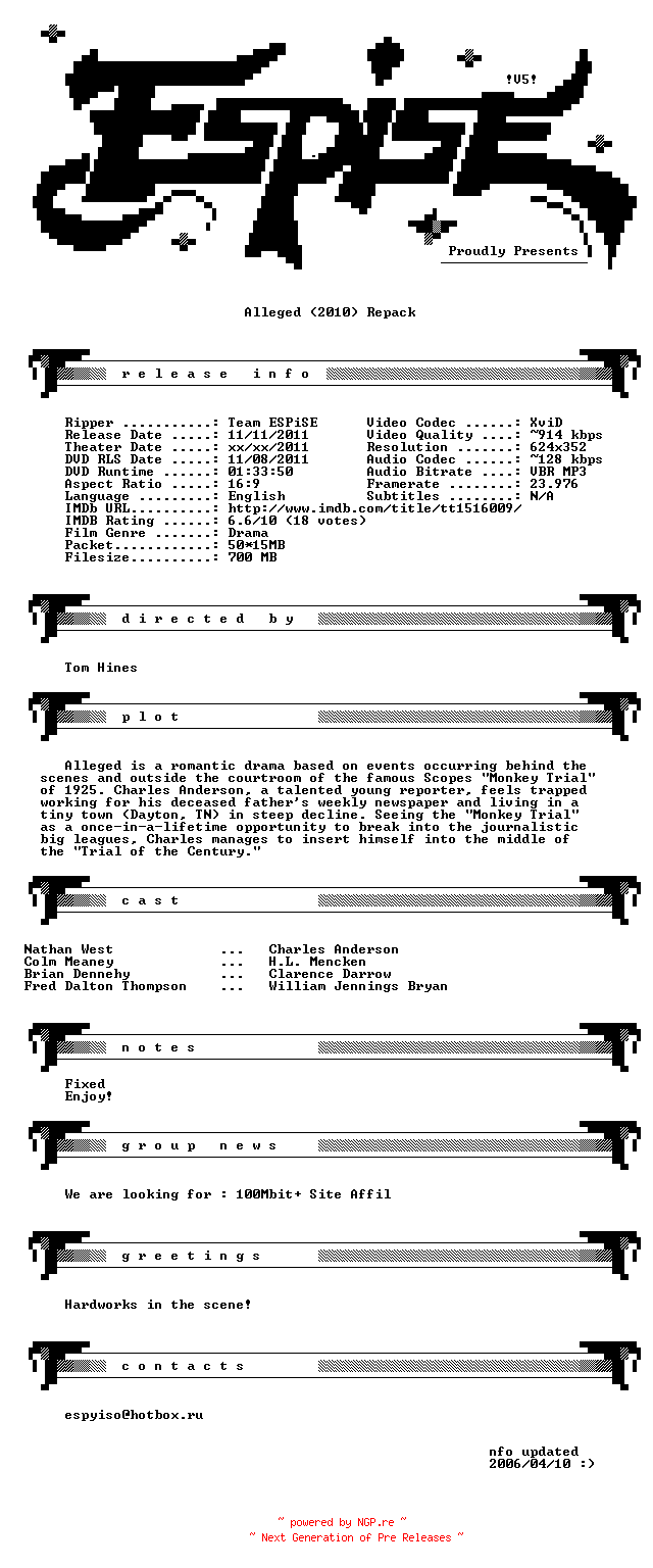 NFO for the release Alleged.2010.REPACK.BDRip.XviD-ESPiSE by ESPiSE