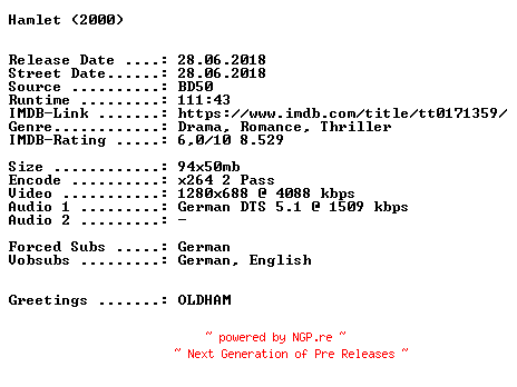 NFO for the release Hamlet.2000.German.720p.BluRay.x264-SPiCY by SPiCY