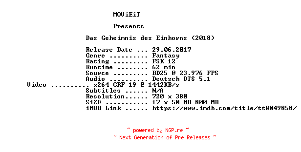 NFO for the release Das.Geheimnis.des.Einhorns.German.2018.BDRiP.x264-MOViEiT by MOViEiT