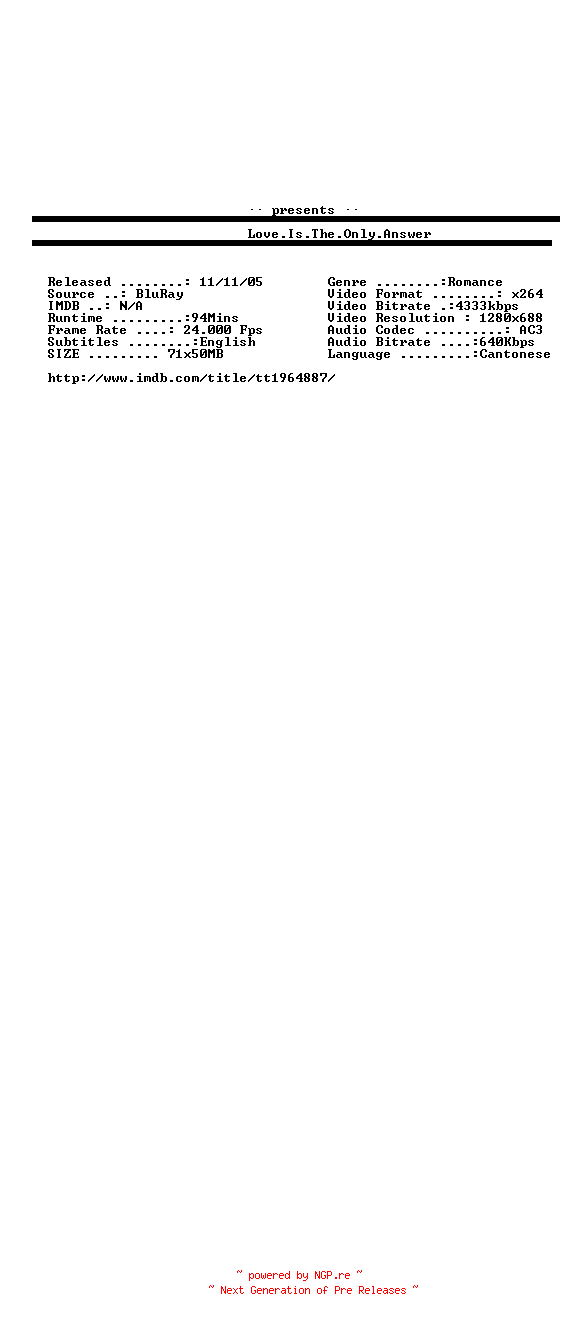 NFO for the release Love.Is.The.Only.Answer.2011.720p.BluRay.x264-aBD by aBD