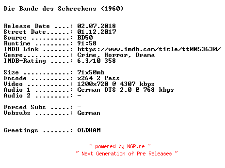 NFO for the release Die.Bande.des.Schreckens.1960.German.720p.BluRay.x264-SPiCY by SPiCY