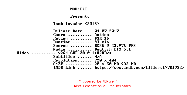 NFO for the release Tomb.Invader.German.2018.BDRiP.x264-MOViEiT by MOViEiT