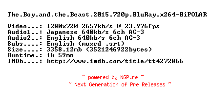NFO for the release The.Boy.and.the.Beast.2015.720p.BluRay.x264-BiPOLAR by BiPOLAR