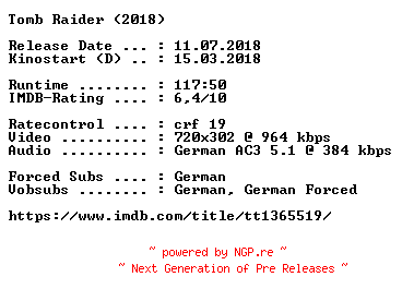 NFO for the release Tomb.Raider.German.2018.AC3.BDRip.x264-COiNCiDENCE by COiNCiDENCE