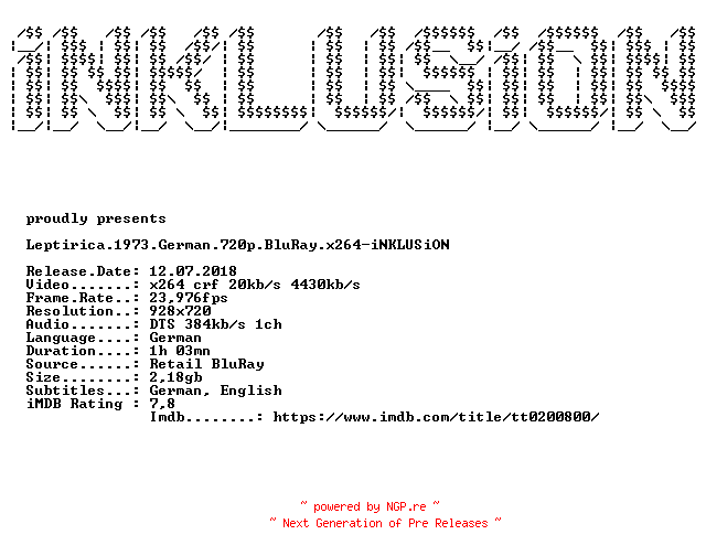 NFO for the release Leptirica.1973.German.720p.BluRay.x264-iNKLUSiON by iNKLUSiON