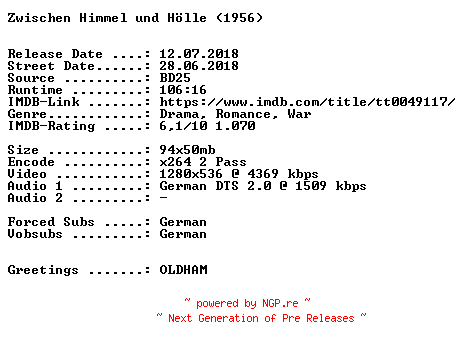 NFO for the release Zwischen.Himmel.und.Hoelle.1956.German.720p.BluRay.x264-SPiCY by SPiCY