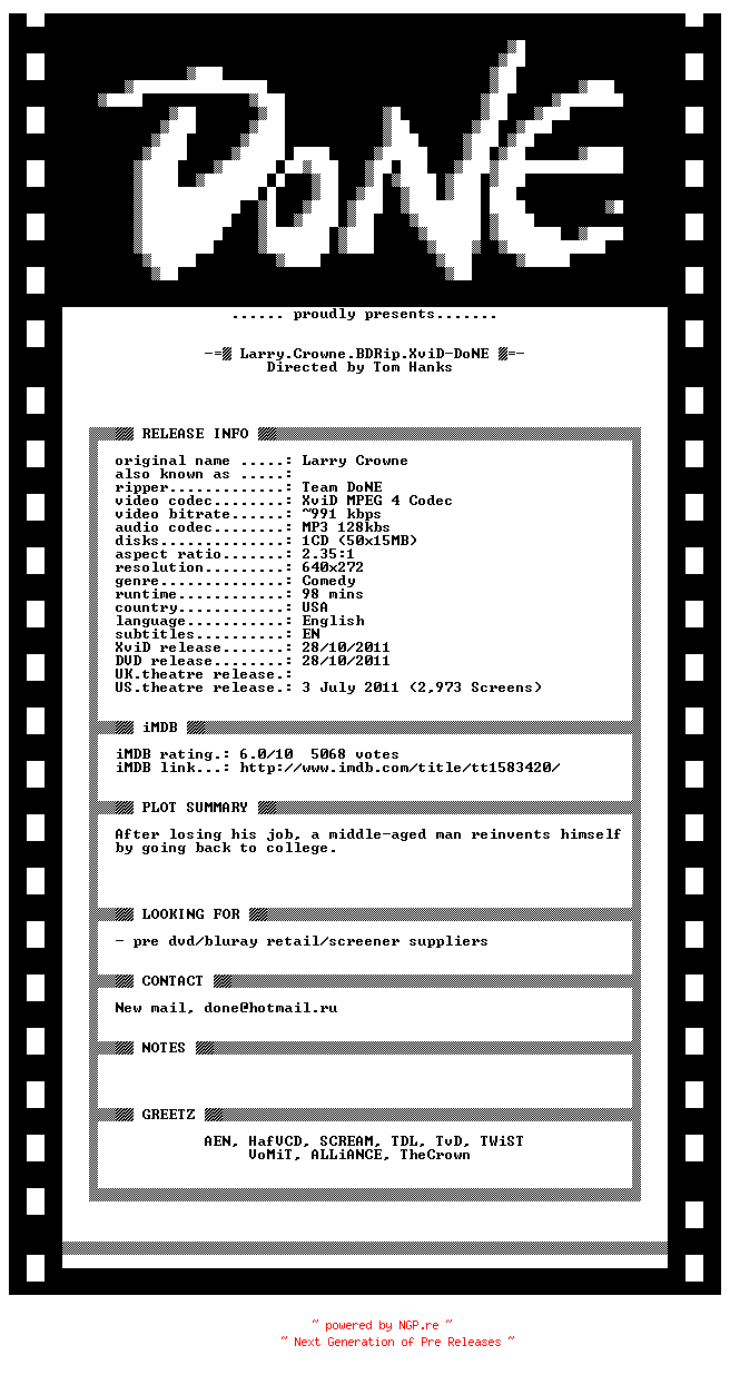 NFO for the release Larry.Crowne.BDRip.XviD-DoNE by DoNE