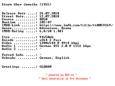 NFO for the release Sturm.ueber.Jamaika.1965.German.720p.BluRay.x264-SPiCY by SPiCY