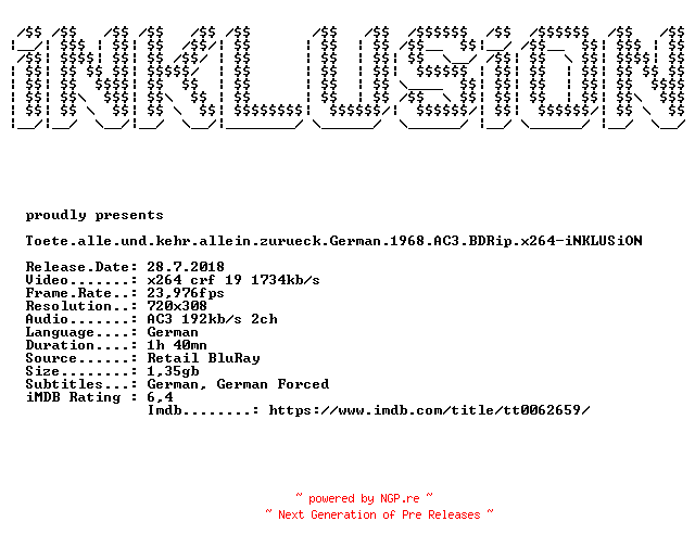 NFO for the release Toete.alle.und.kehr.allein.zurueck.German.1968.AC3.BDRip.x264-iNKLUSiON by iNKLUSiON